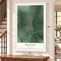 Wallace, Indiana map, 24 x 36 inch print in a white frame by a staircase