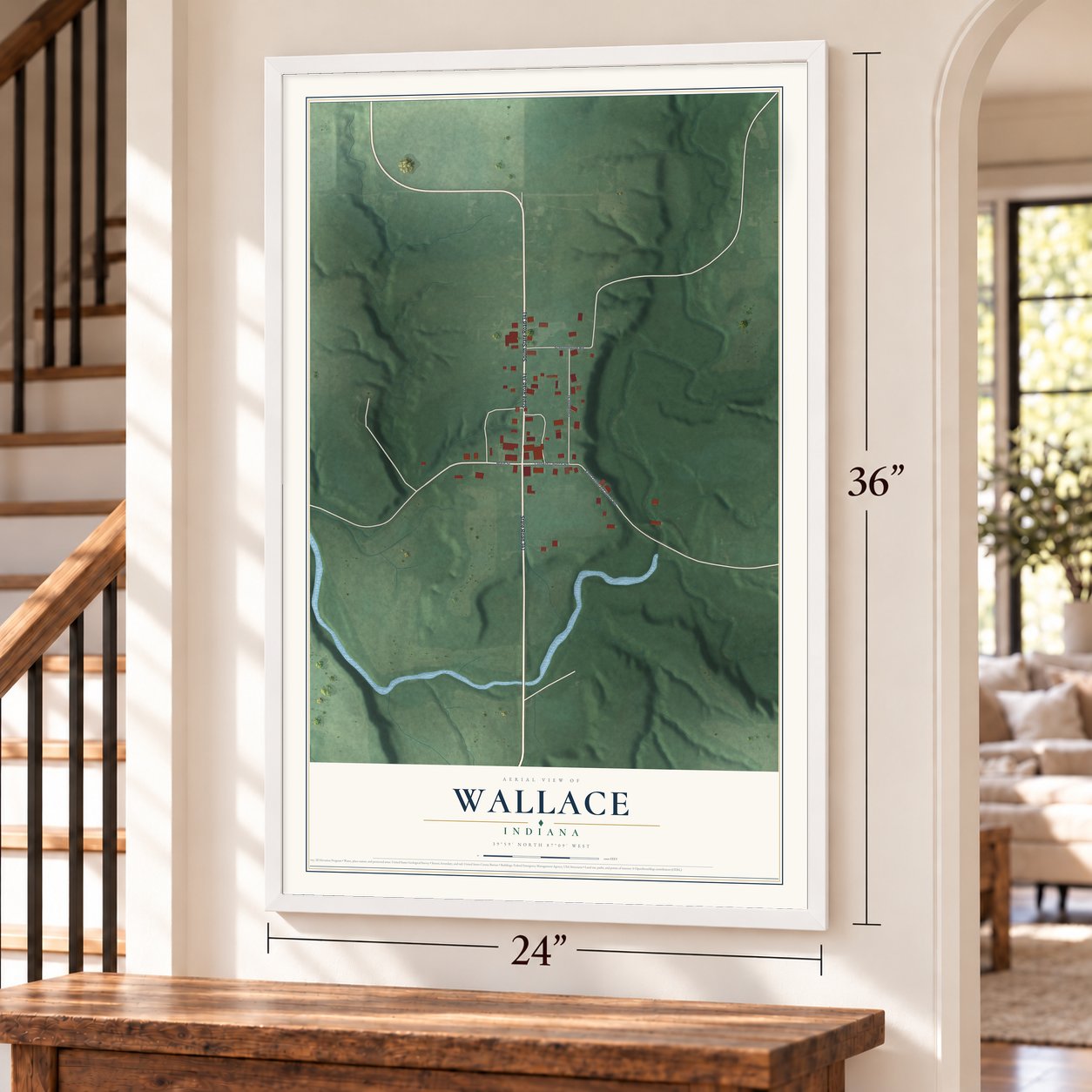 Wallace, Indiana map, 24 x 36 inch print in a white frame by a staircase