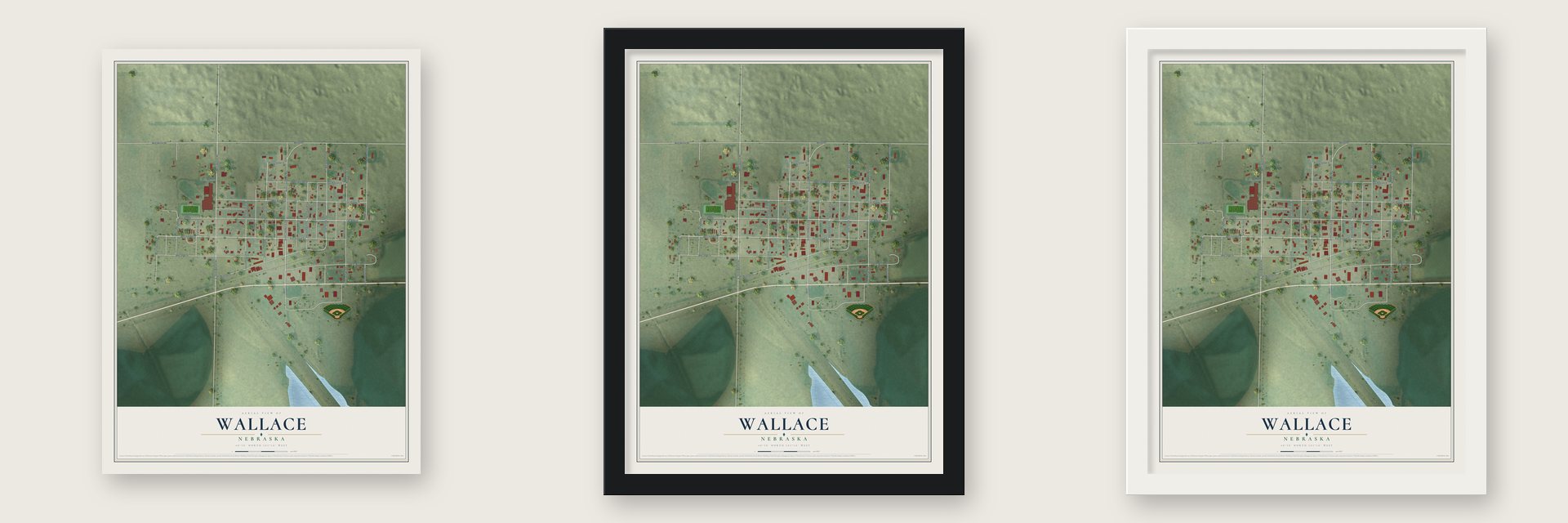 Wallace, Nebraska map unframed, in a black wood frame and in a white wood frame