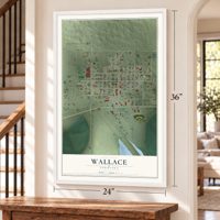 Wallace, Nebraska map, 24 x 36 inch print in a white frame by a staircase
