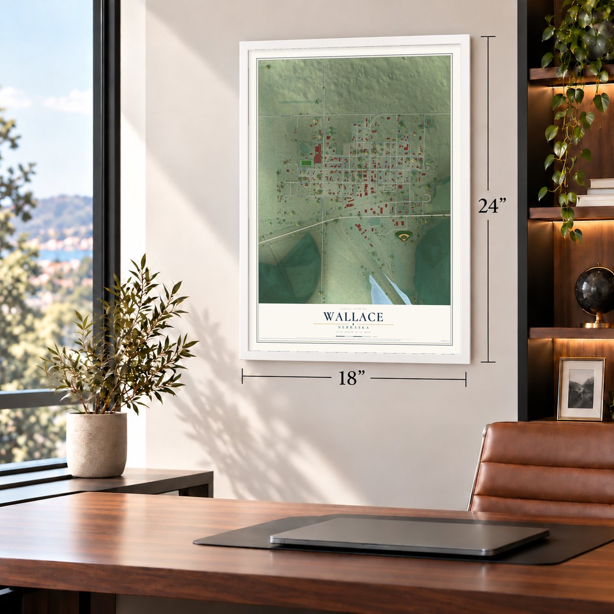 Wallace, Nebraska map, 18 x 24 inch print in a white frame in a home office