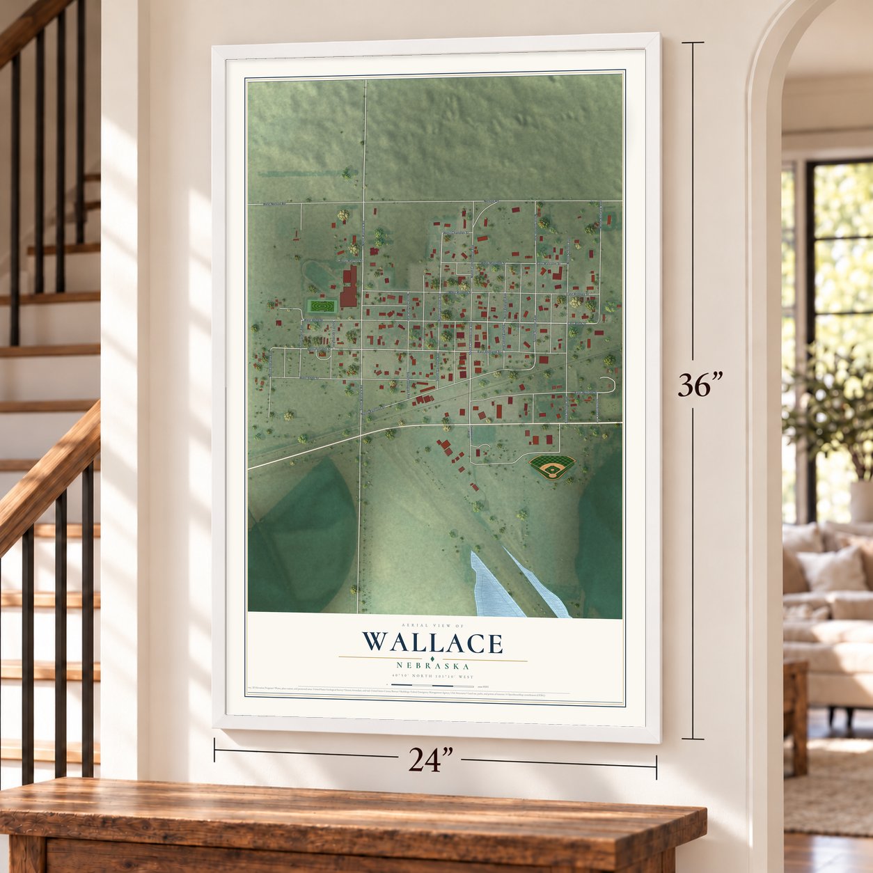 Wallace, Nebraska map, 24 x 36 inch print in a white frame by a staircase