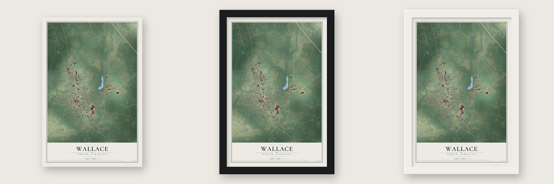 Wallace, North Carolina map unframed, in a black wood frame and in a white wood frame