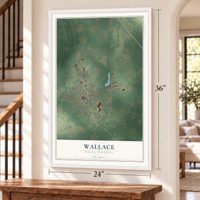 Wallace, North Carolina map, 24 x 36 inch print in a white frame by a staircase