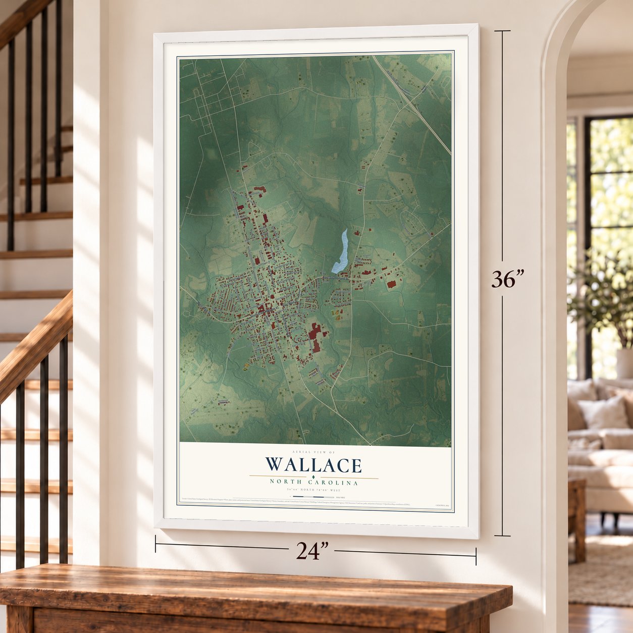 Wallace, North Carolina map, 24 x 36 inch print in a white frame by a staircase
