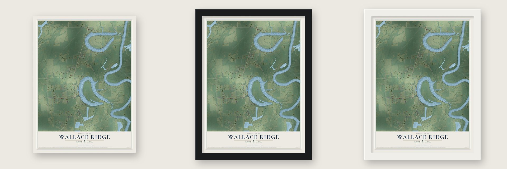 Wallace Ridge, Louisiana map unframed, in a black wood frame and in a white wood frame