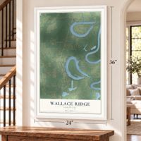 Wallace Ridge, Louisiana map, 24 x 36 inch print in a white frame by a staircase
