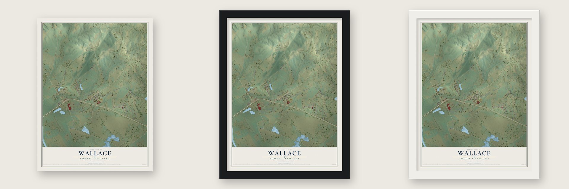 Wallace, South Carolina map unframed, in a black wood frame and in a white wood frame