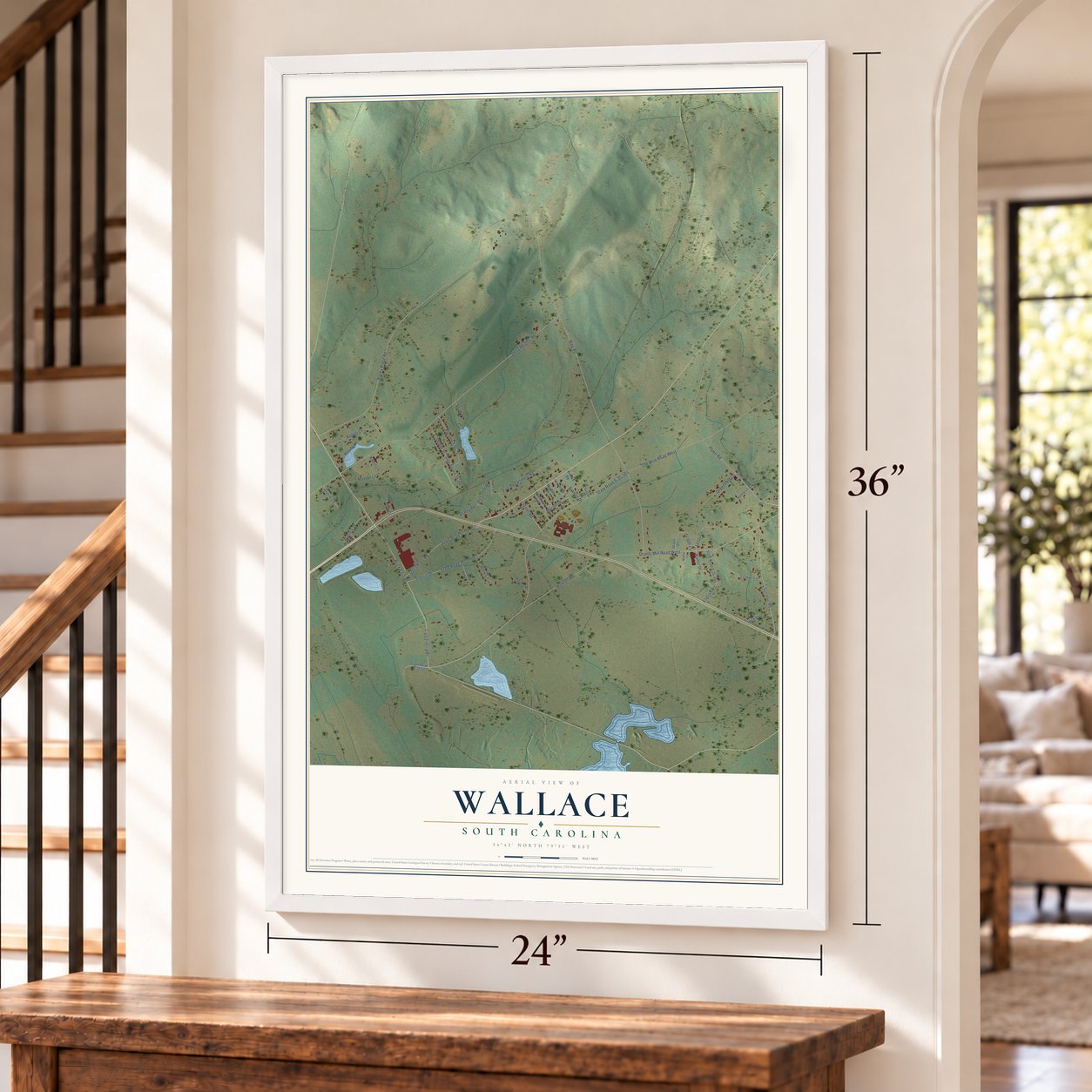 Wallace, South Carolina map, 24 x 36 inch print in a white frame by a staircase