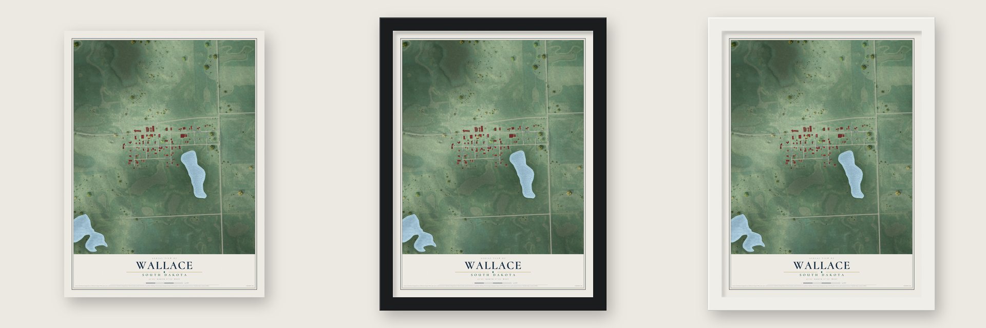 Wallace, South Dakota map unframed, in a black wood frame and in a white wood frame