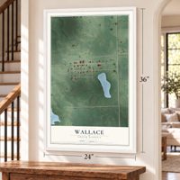 Wallace, South Dakota map, 24 x 36 inch print in a white frame by a staircase