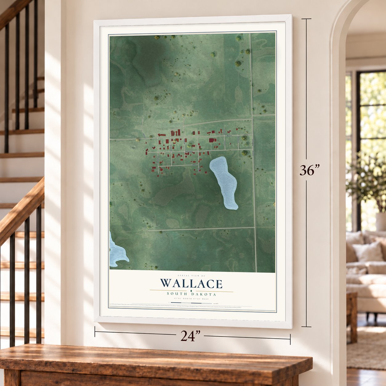 Wallace, South Dakota map, 24 x 36 inch print in a white frame by a staircase