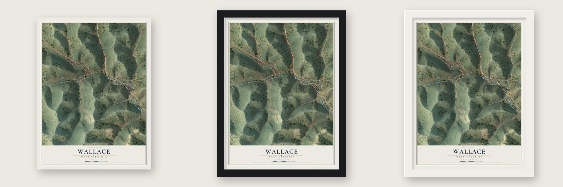 Wallace, West Virginia map unframed, in a black wood frame and in a white wood frame