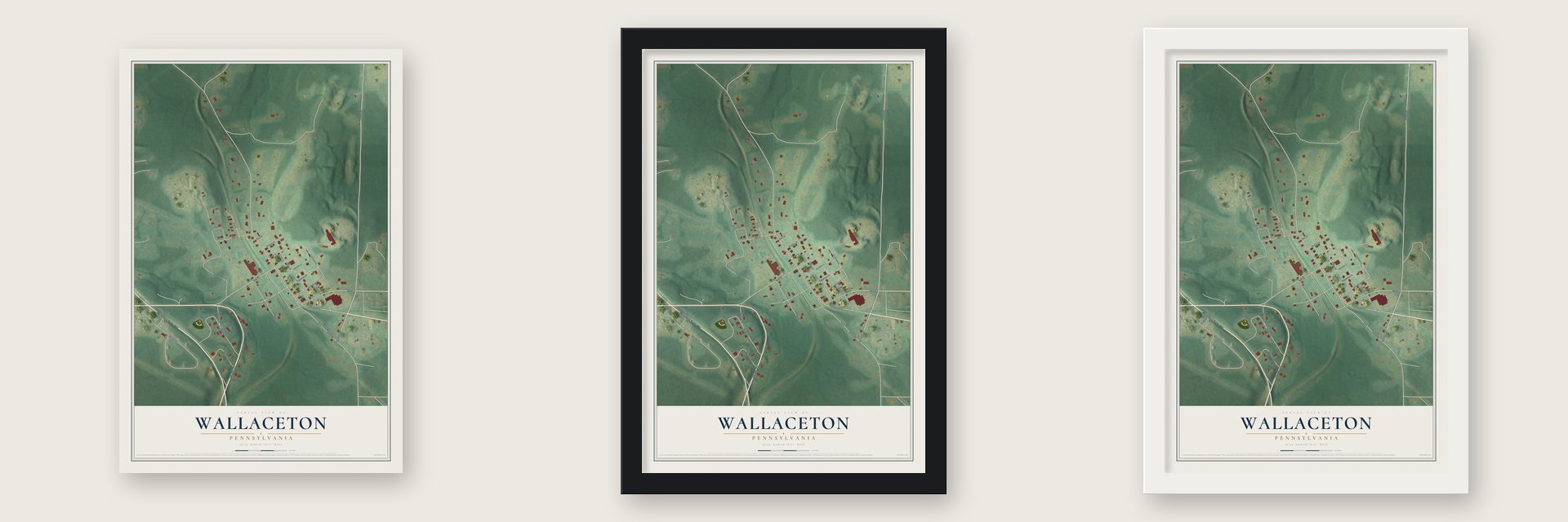 Wallaceton, Pennsylvania map unframed, in a black wood frame and in a white wood frame