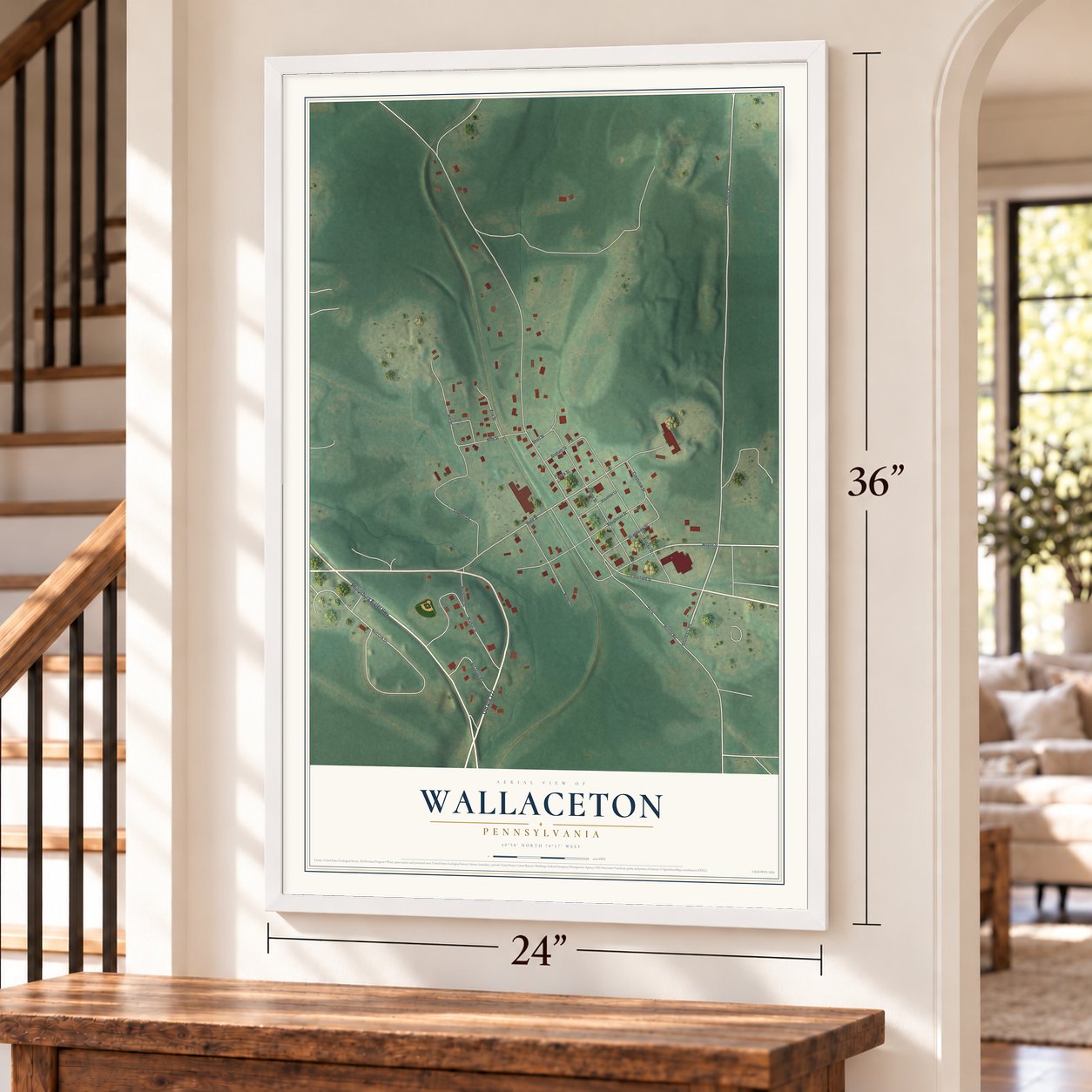 Wallaceton, Pennsylvania map, 24 x 36 inch print in a white frame by a staircase