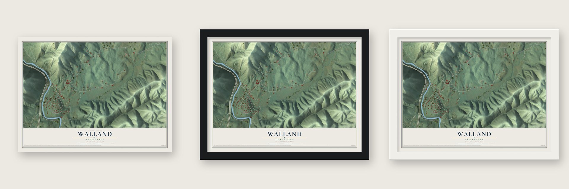 Walland, Tennessee map unframed, in a black wood frame and in a white wood frame