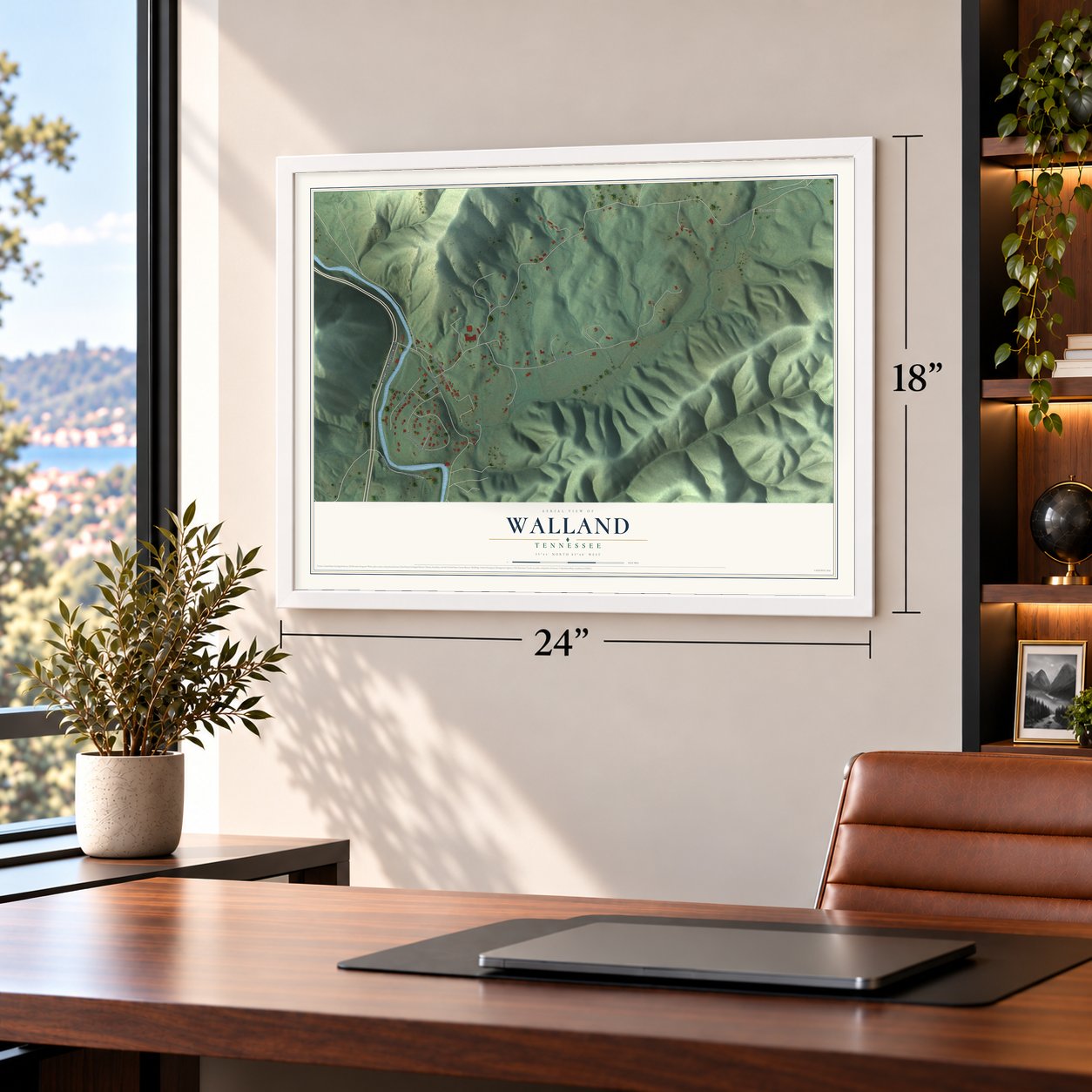 Walland, Tennessee map, 18 x 24 inch print in a white frame in a home office
