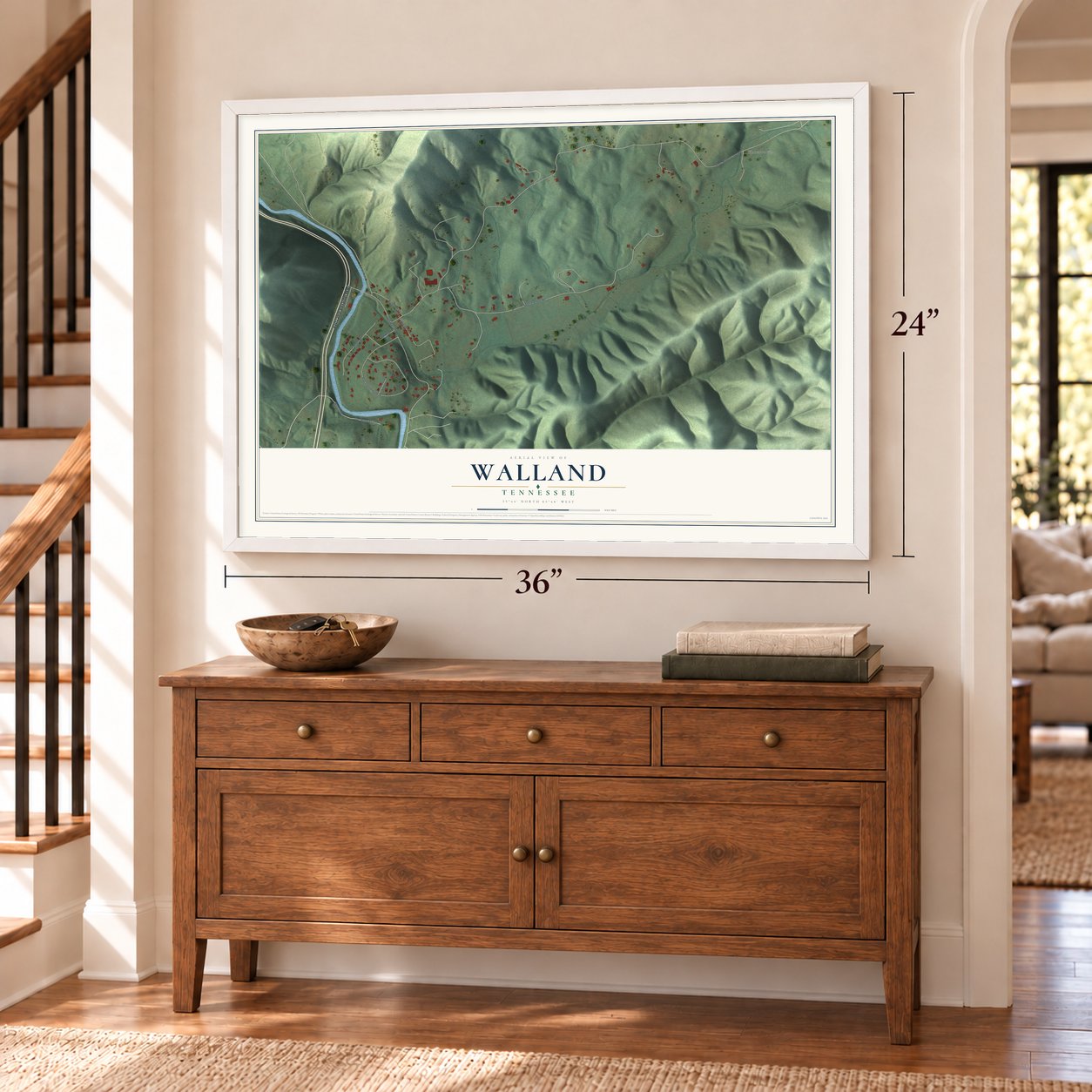 Walland, Tennessee map, 24 x 36 inch print in a white frame above a dresser by a staircase
