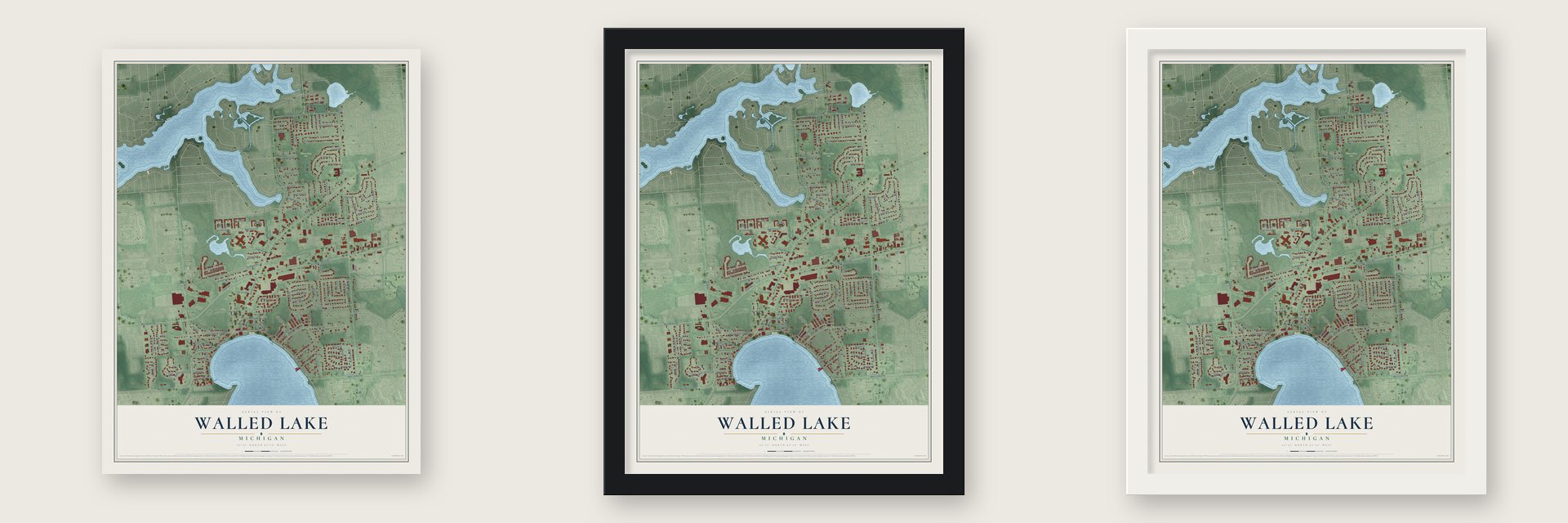 Walled Lake, Michigan map unframed, in a black wood frame and in a white wood frame