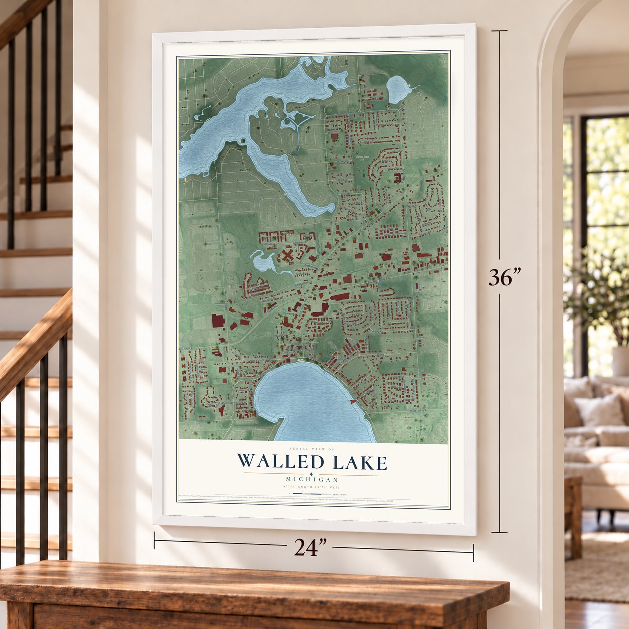 Walled Lake, Michigan map, 24 x 36 inch print in a white frame by a staircase