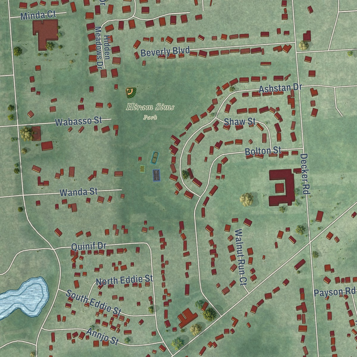 Second close-up of the map of Walled Lake, Michigan print showing more streets and buildings