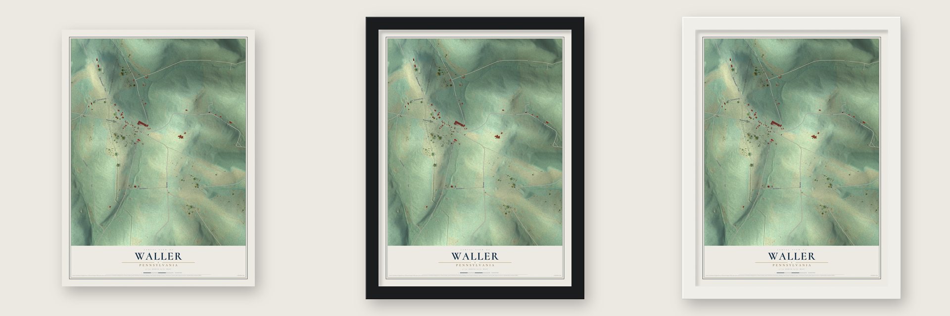 Waller, Pennsylvania map unframed, in a black wood frame and in a white wood frame