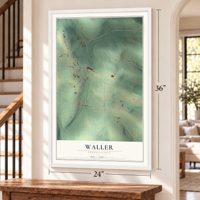 Waller, Pennsylvania map, 24 x 36 inch print in a white frame by a staircase