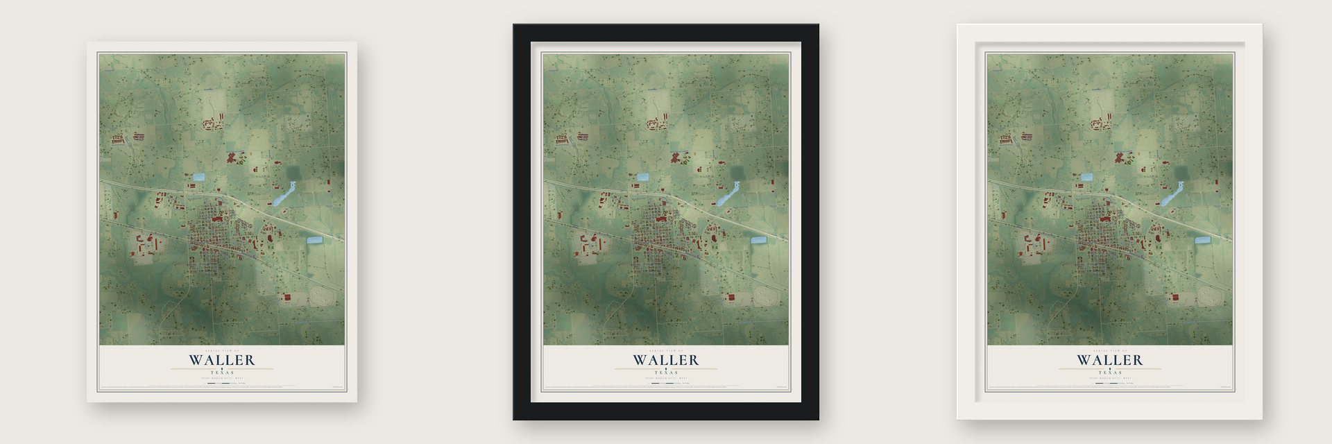 Waller, Texas map unframed, in a black wood frame and in a white wood frame