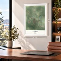 Waller, Texas map, 18 x 24 inch print in a white frame in a home office