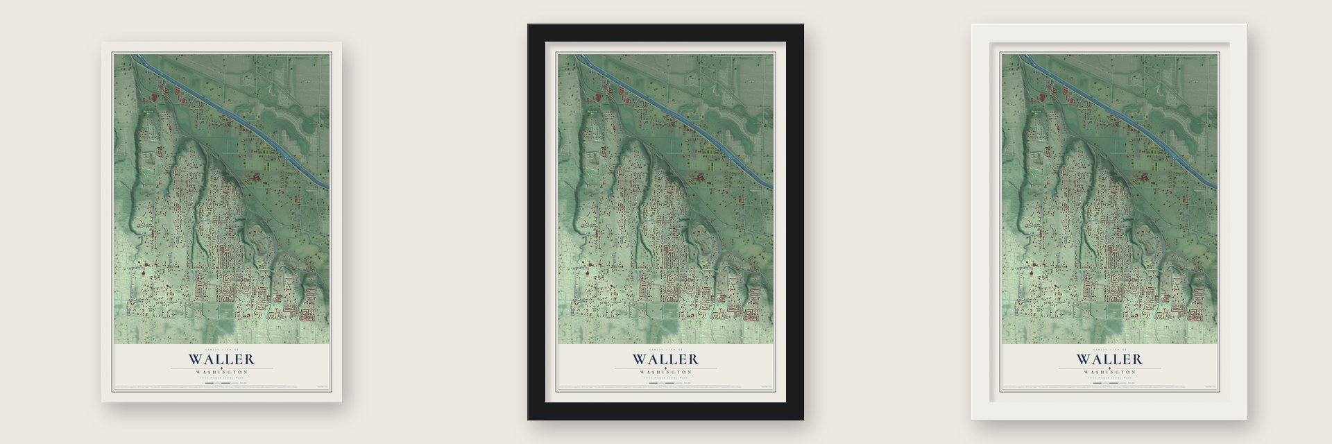 Waller, Washington map unframed, in a black wood frame and in a white wood frame