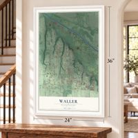 Waller, Washington map, 24 x 36 inch print in a white frame by a staircase