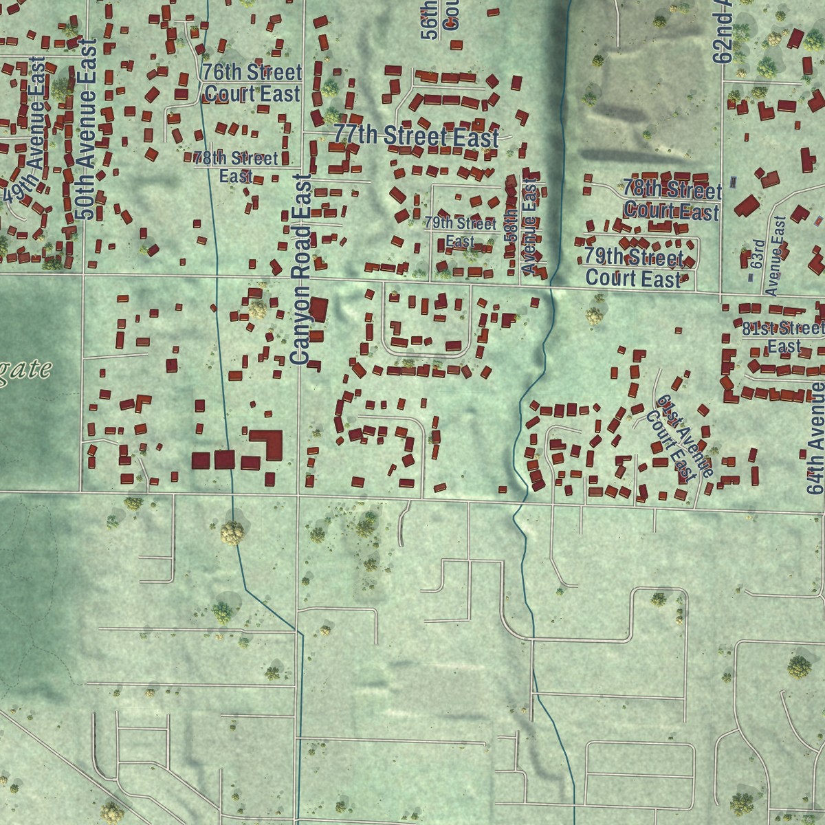 Second close-up of the map of Waller, Washington print showing more streets and buildings