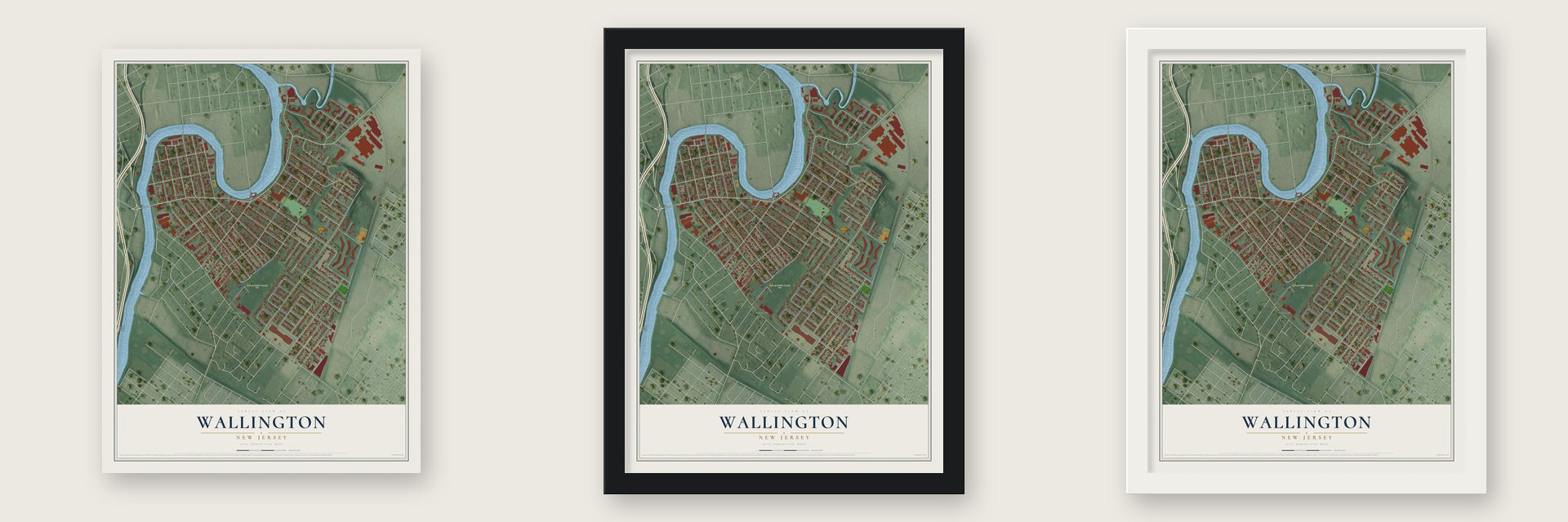 Wallington, New Jersey map unframed, in a black wood frame and in a white wood frame