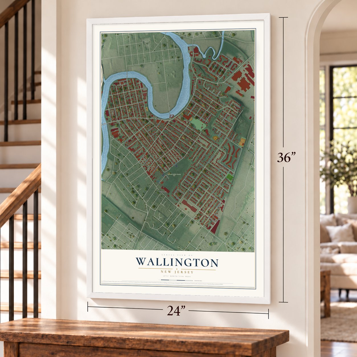 Wallington, New Jersey map, 24 x 36 inch print in a white frame by a staircase
