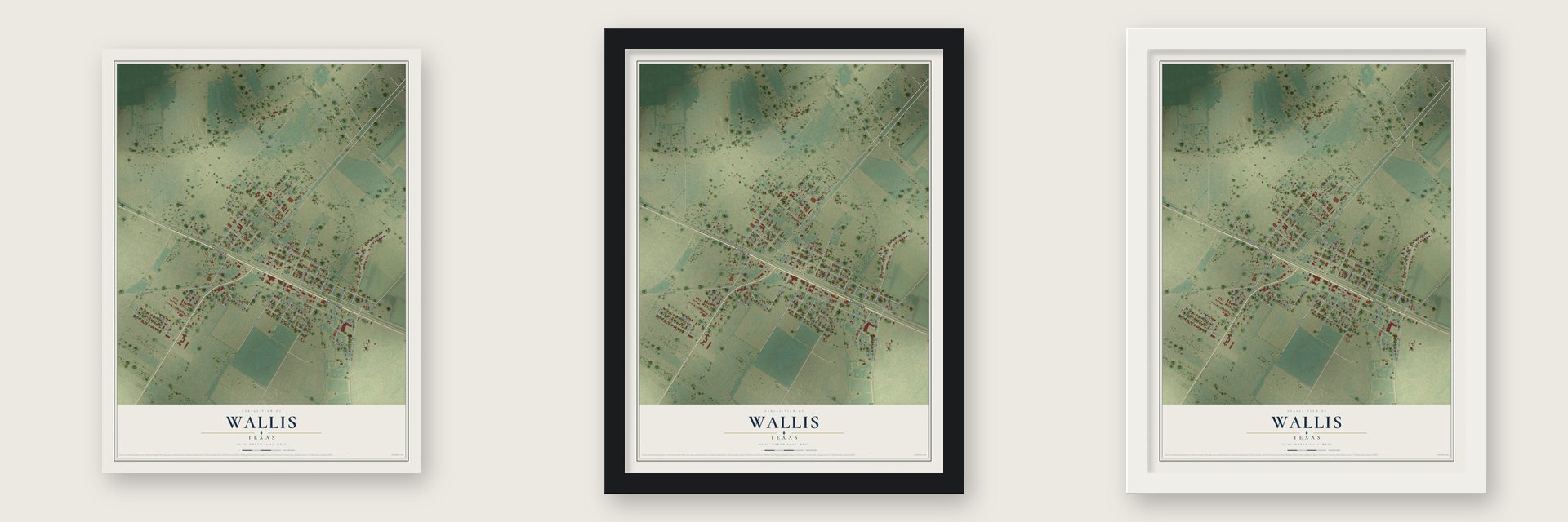 Wallis, Texas map unframed, in a black wood frame and in a white wood frame
