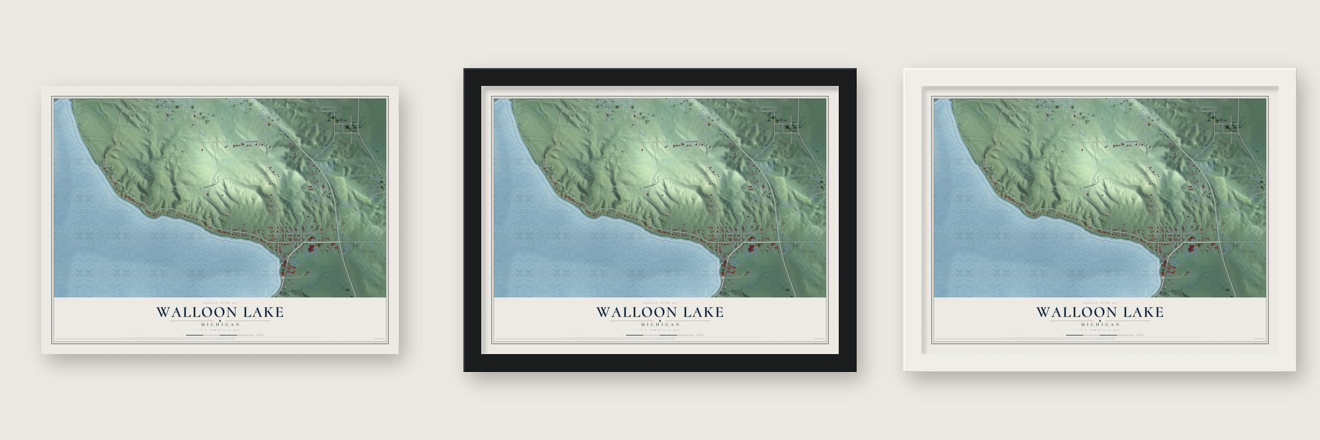 Walloon Lake, Michigan map unframed, in a black wood frame and in a white wood frame