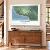 Walloon Lake, Michigan map, 24 x 36 inch print in a white frame above a dresser by a staircase
