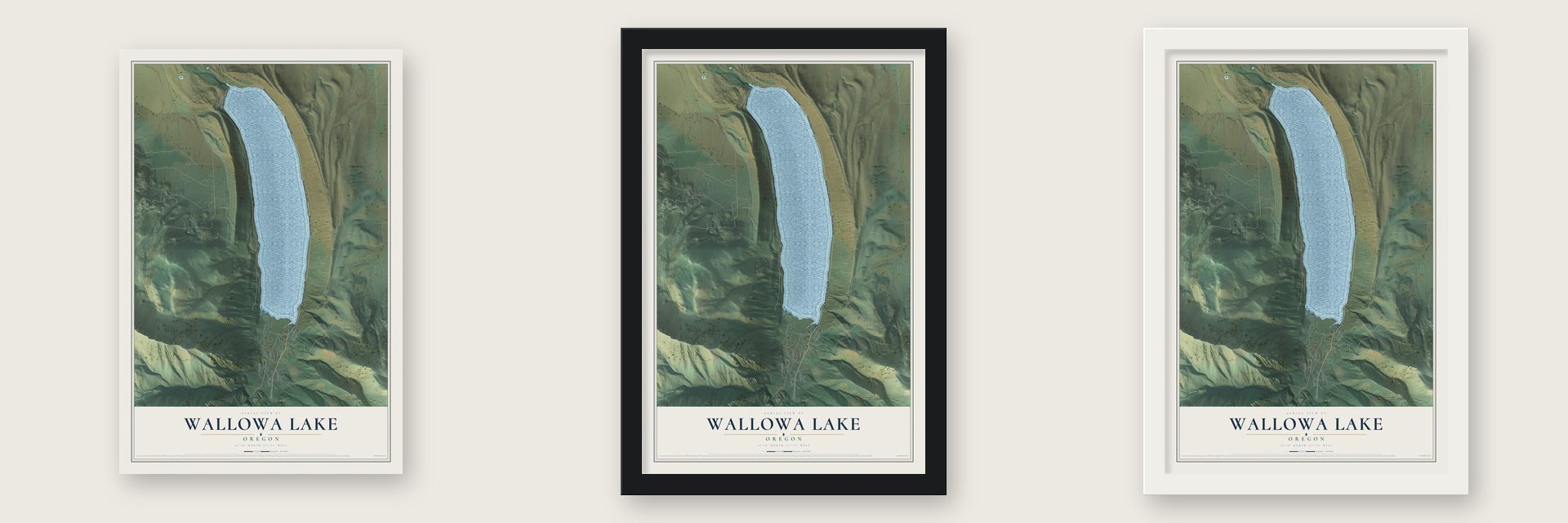 Wallowa Lake, Oregon map unframed, in a black wood frame and in a white wood frame