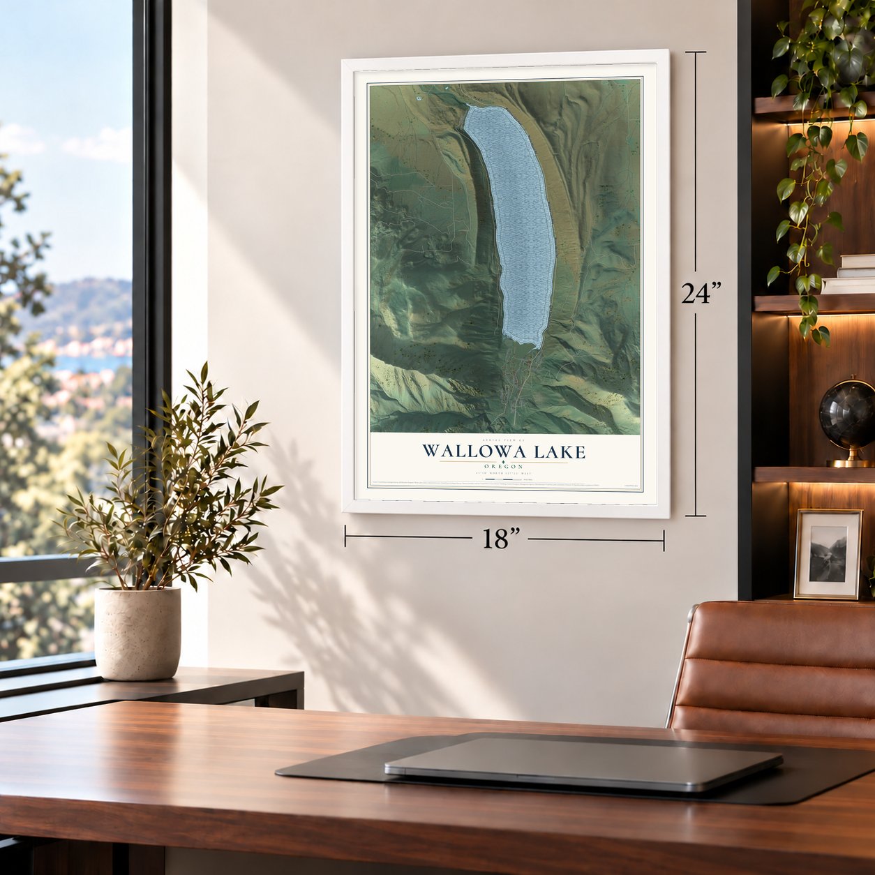 Wallowa Lake, Oregon map, 18 x 24 inch print in a white frame in a home office