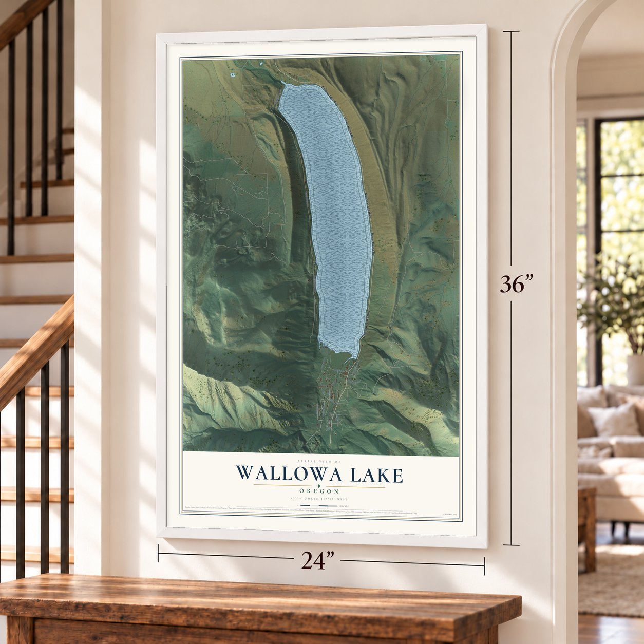 Wallowa Lake, Oregon map, 24 x 36 inch print in a white frame by a staircase
