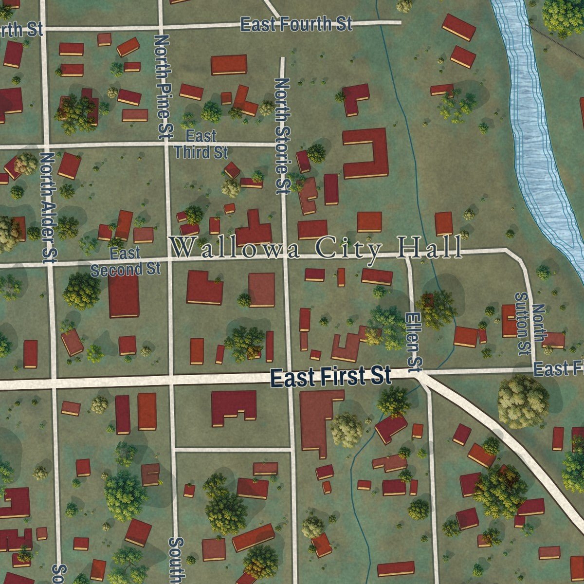 Second close-up of the map of Wallowa, Oregon print showing more streets and buildings