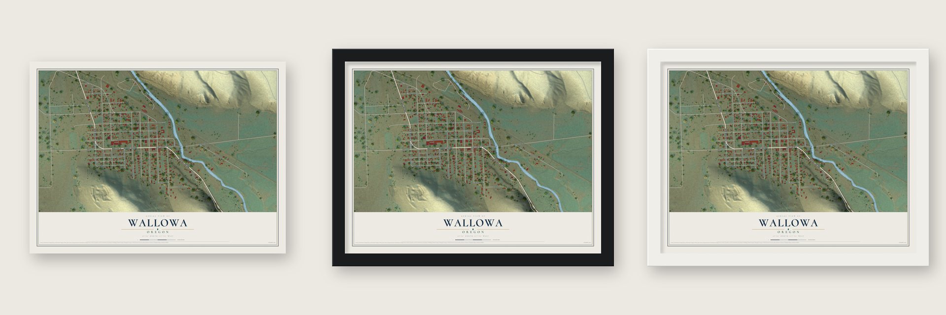 Wallowa, Oregon map unframed, in a black wood frame and in a white wood frame