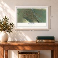 Wallowa, Oregon map, 12 x 18 inch print in a white frame in an entryway