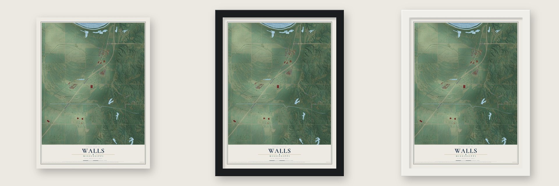Walls, Mississippi map unframed, in a black wood frame and in a white wood frame