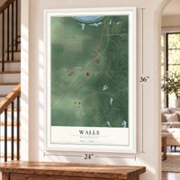 Walls, Mississippi map, 24 x 36 inch print in a white frame by a staircase
