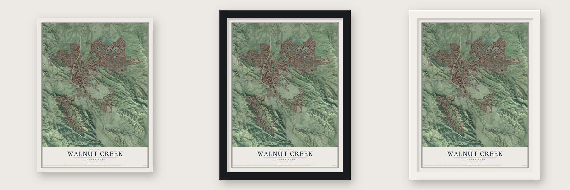 Walnut Creek, California map unframed, in a black wood frame and in a white wood frame