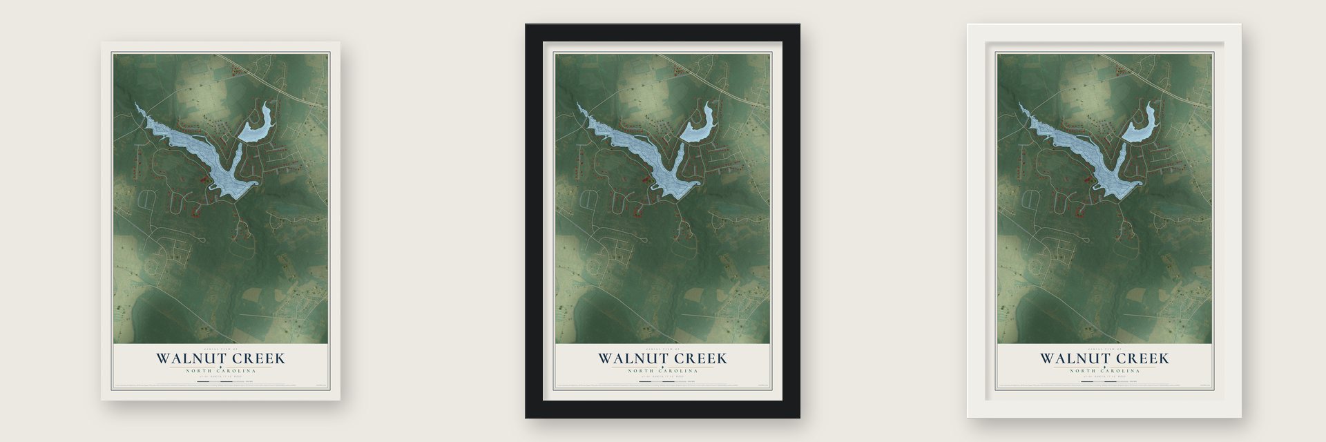 Walnut Creek, North Carolina map unframed, in a black wood frame and in a white wood frame