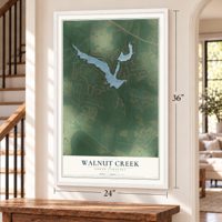 Walnut Creek, North Carolina map, 24 x 36 inch print in a white frame by a staircase