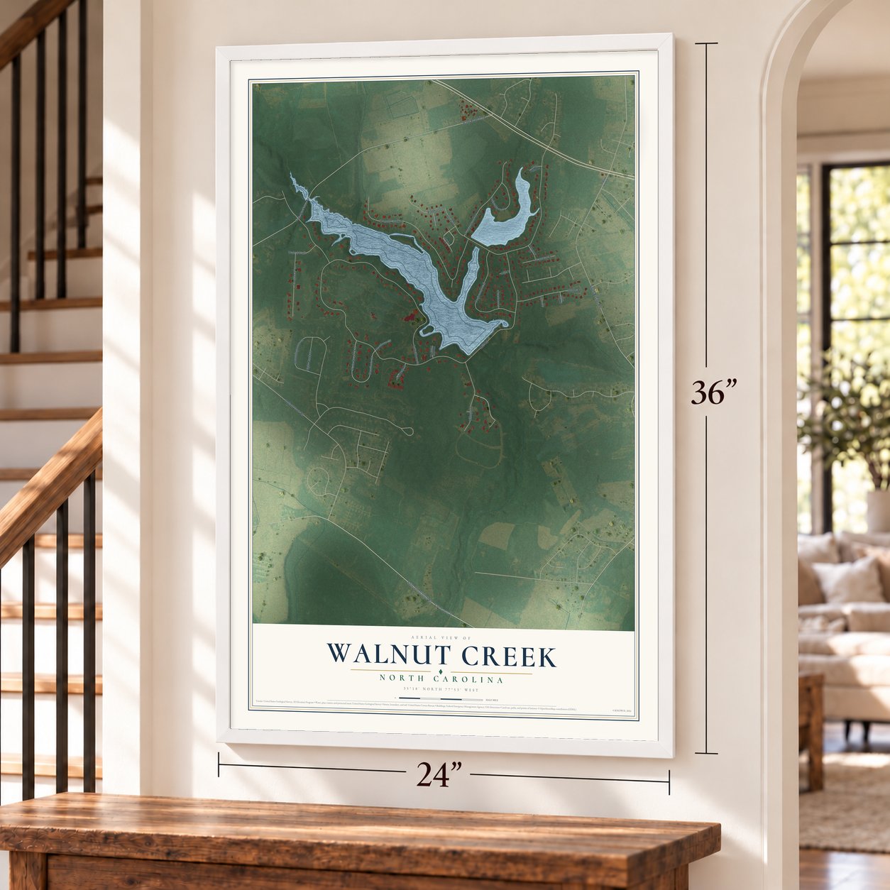Walnut Creek, North Carolina map, 24 x 36 inch print in a white frame by a staircase