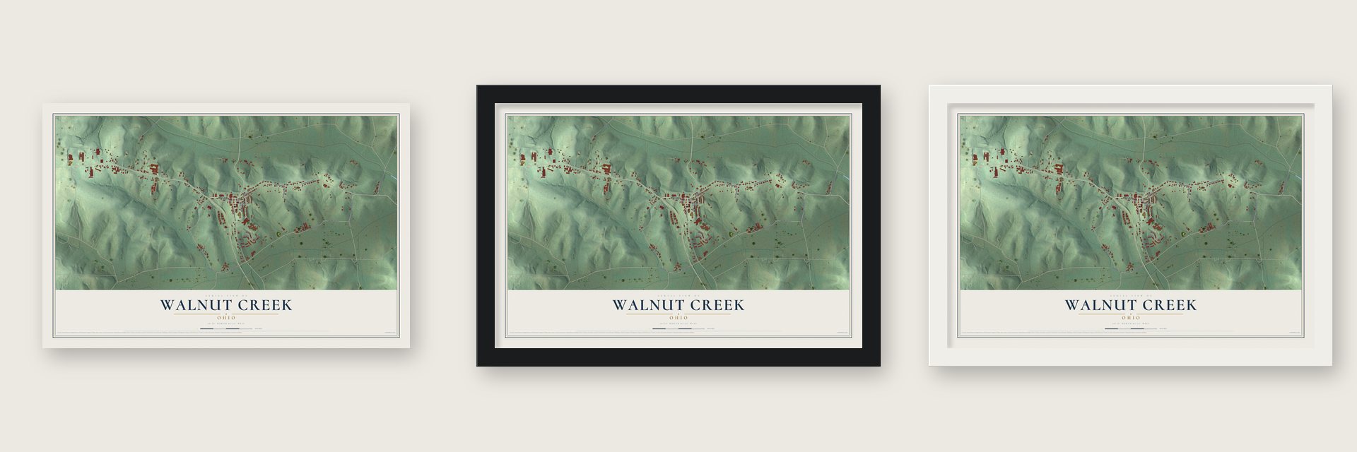 Walnut Creek, Ohio map unframed, in a black wood frame and in a white wood frame